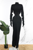 Black Casual Solid Hollowed Out Slit Turtleneck Long Dress Dresses
