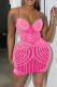 Rose Red Sexy Patchwork Hot Drilling See-through Backless Spaghetti Strap Wrapped Skirt Dresses