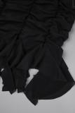 Black Sexy Solid Hollowed Out See-through Fold O Neck Short Sleeve Dress