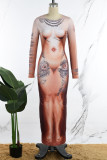 Skin Color Casual Print Basic O Neck Long Dress Dresses