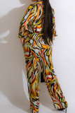 Yellow Elegant Print Patchwork Pocket Buckle Shirt Collar Long Sleeve Two Pieces