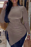 Coffee Sexy Solid Bandage Patchwork Slit O Neck Wrapped Skirt Dresses
