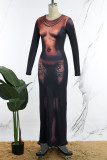 Skin Color Casual Print Basic O Neck Long Dress Dresses