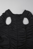 Black Sexy Solid Hollowed Out See-through Fold O Neck Short Sleeve Dress