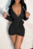 Red Street Solid Bandage Patchwork Draw String V Neck Skinny Rompers