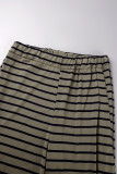 Coffee Casual Striped Patchwork O Neck Long Sleeve Two Pieces