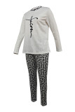 White Casual Print Basic O Neck Long Sleeve Two Pieces
