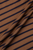 Coffee Casual Striped Patchwork O Neck Long Sleeve Two Pieces