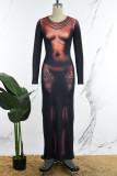Skin Color Casual Print Basic O Neck Long Dress Dresses