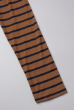 Coffee Casual Striped Patchwork O Neck Long Sleeve Two Pieces