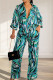 Cyan Elegant Print Patchwork Pocket Buckle Shirt Collar Long Sleeve Two Pieces