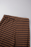 Coffee Casual Striped Patchwork O Neck Long Sleeve Two Pieces
