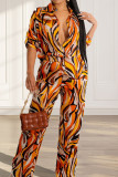 Yellow Elegant Print Patchwork Pocket Buckle Shirt Collar Long Sleeve Two Pieces