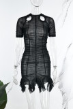 Black Sexy Solid Hollowed Out See-through Fold O Neck Short Sleeve Dress