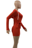 Red Street Solid Bandage Patchwork Draw String V Neck Skinny Rompers
