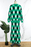 Green Casual Rhombic Patchwork Buttons V Neck Long Sleeve Two Pieces