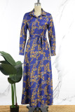 Blue Casual Print Basic Turndown Collar Long Dress Dresses
