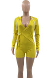 Red Street Solid Bandage Patchwork Draw String V Neck Skinny Rompers