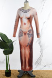 Skin Color Casual Print Basic O Neck Long Dress Dresses
