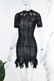 Black Sexy Solid Hollowed Out See-through Fold O Neck Short Sleeve Dress
