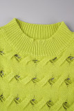 Green Casual Solid Tassel Hollowed Out O Neck Tops