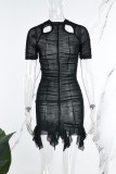 Black Sexy Solid Hollowed Out See-through Fold O Neck Short Sleeve Dress