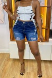 Deep Blue Casual Solid Ripped Patchwork High Waist Skinny Denim Shorts