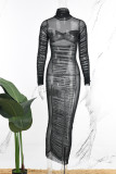 Blue Sexy Solid Patchwork Fold Turtleneck Pleated Dresses