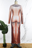 Skin Color Casual Print Basic O Neck Long Dress Dresses