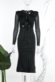 Black Sexy Casual Patchwork Sequins Frenulum V Neck Long Sleeve Dresses