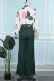 Green Elegant Print Patchwork Buckle With Belt Shirt Collar Long Sleeve Two Pieces