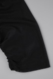 Black Sexy Solid Hollowed Out See-through Fold O Neck Short Sleeve Dress