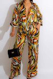 Yellow Elegant Print Patchwork Pocket Buckle Shirt Collar Long Sleeve Two Pieces