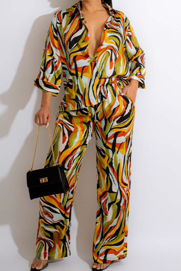 Yellow Elegant Print Patchwork Pocket Buckle Shirt Collar Long Sleeve Two Pieces
