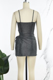 Silver Sexy Solid Hollowed Out Frenulum Backless Slit Spaghetti Strap Sleeveless Dress Dresses
