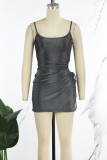 Silver Sexy Solid Hollowed Out Frenulum Backless Slit Spaghetti Strap Sleeveless Dress Dresses