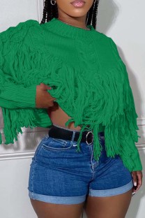 Green Casual Solid Tassel O Neck Tops