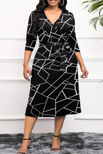 Black Casual Print With Belt V Neck Printed Dress Plus Size Dresses