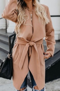 Khaki Casual Solid With Belt Turndown Collar Outerwear