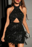 Silver Sweet Solid Tassel Hollowed Out Sequins Patchwork Backless Halter Wrapped Skirt Dresses