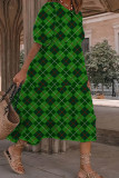 Green Casual Plaid Rhombic Printing O Neck Short Sleeve Dress Dresses