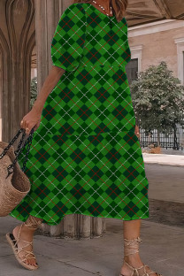 Dark Green Casual Plaid Rhombic Printing O Neck Short Sleeve Dress Dresses