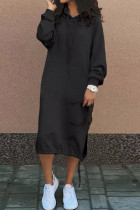 Black Casual Solid Frenulum Hooded Collar Long Sleeve Dresses