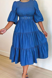 Blue Casual Solid With Belt O Neck A Line Plus Size Dresses