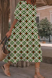 Green Casual Plaid Rhombic Printing O Neck Short Sleeve Dress Dresses