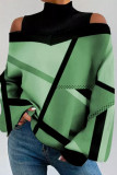 Red Casual Geometric Patchwork Backless Contrast Turtleneck Tops