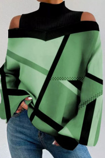 Green Casual Geometric Patchwork Backless Contrast Turtleneck Tops