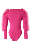Rose Red Elegant Solid Patchwork Flounce V Neck Skinny Bodysuits
