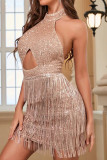 Silver Sweet Solid Tassel Hollowed Out Sequins Patchwork Backless Halter Wrapped Skirt Dresses