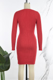Rose Red Casual Solid Basic O Neck Long Sleeve Dresses